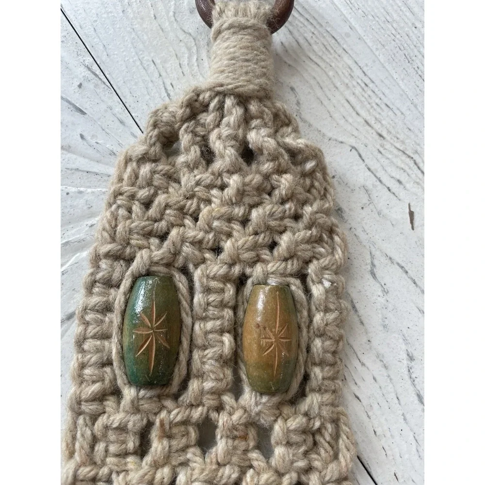 Vintage Retro MCM Beige Macrame Wall Hanging Hand Towel Ring Holder Wooden Beads